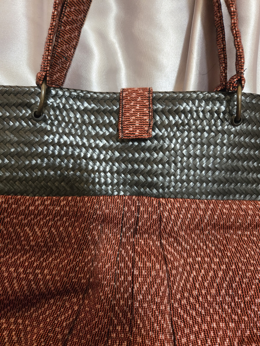 Black Woven Straw Bag With Red & Black Check Fringed Ends - Picture 4 of 10